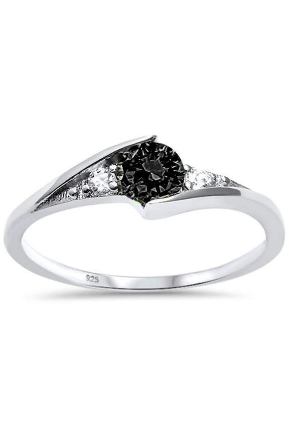 Synthetic Onyx CZ Three Stone Wavy Ring Sterling Silver Size 3