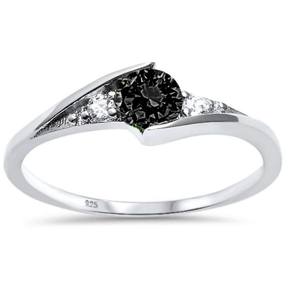 Synthetic Onyx CZ Three Stone Wavy Ring Sterling Silver Size 7