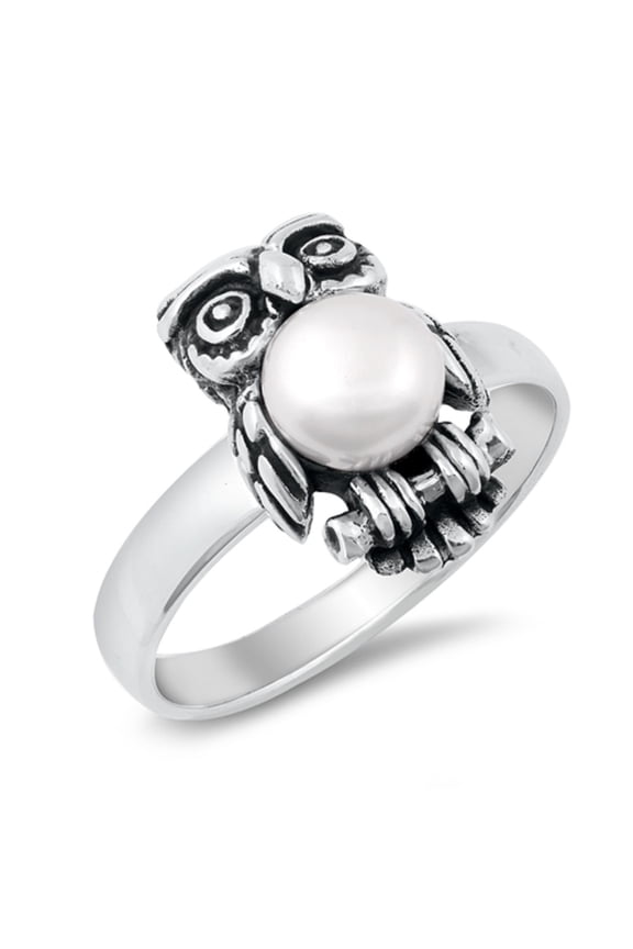 Synthetic Pearl Bead Center Owl Ring Sterling Silver Size 5