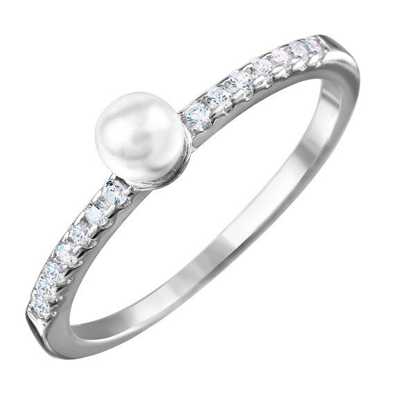Synthetic Pearl With Cubic Zirconia Stones Ring Rhodium Plated Sterling Silver Size 8