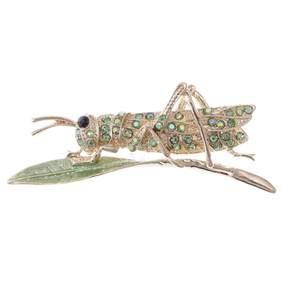 Synthetic Peridot Green Rhinestone Crystal Insect Grasshopper Locust Leaf Big Pin Brooch, Gold