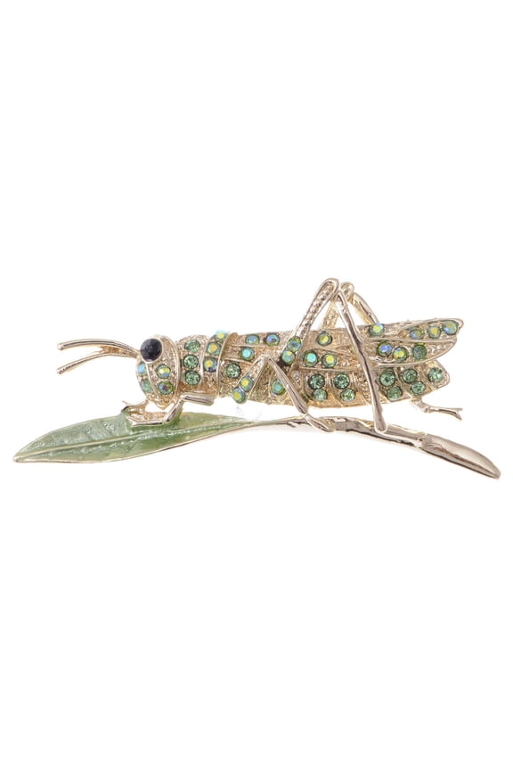 Synthetic Peridot Green Rhinestone Crystal Insect Grasshopper Locust Leaf Big Pin Brooch, Gold