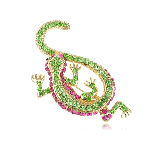 Synthetic Peridot Synthetic Fuchsia Pink Crystal Rhinestone Golden Lizard Gecko Reptile Pin Brooch