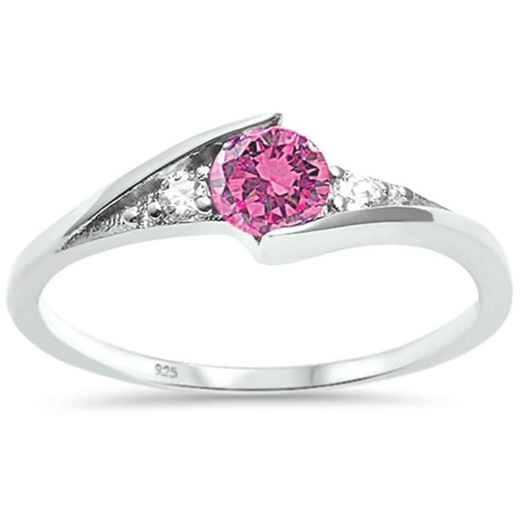 Synthetic Pink Topaz CZ Three Stone Wavy Ring Sterling Silver Size 5