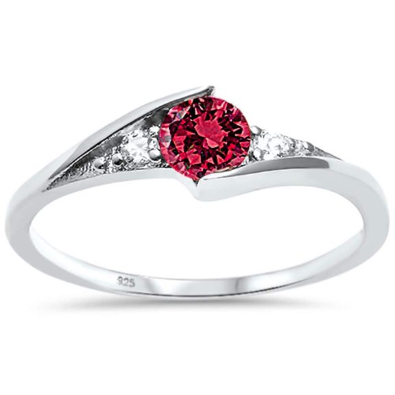 Synthetic Ruby CZ Three Stone Wavy Ring Sterling Silver Size 6
