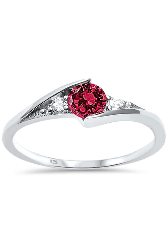 Synthetic Ruby CZ Three Stone Wavy Ring Sterling Silver Size 6