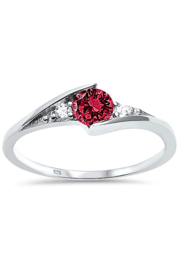 Synthetic Ruby CZ Three Stone Wavy Ring Sterling Silver Size 9