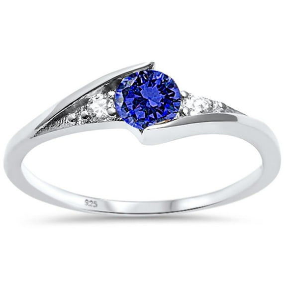 Synthetic Sapphire CZ Three Stone Wavy Ring Sterling Silver Size 10