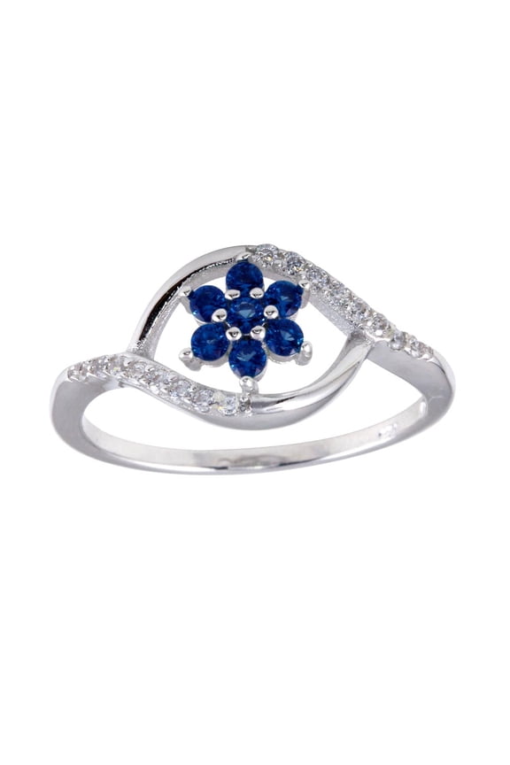 Synthetic Sapphire Clear CZ Flower Wavy B& Ring Sterling Silver Size 9