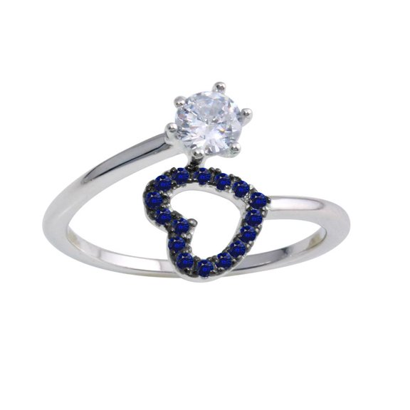 Synthetic Sapphire Round Clear CZ Open Heart Ring Sterling Silver Size 8
