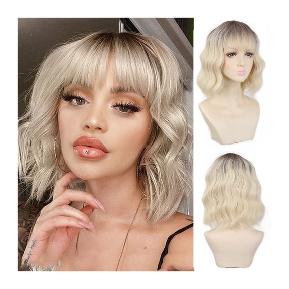 Synthetic Short Bob Wig with Bangs Women's Blonde Wave Curly Wig with Black Root Natural Heat Resistant Synthetic Bob Wig