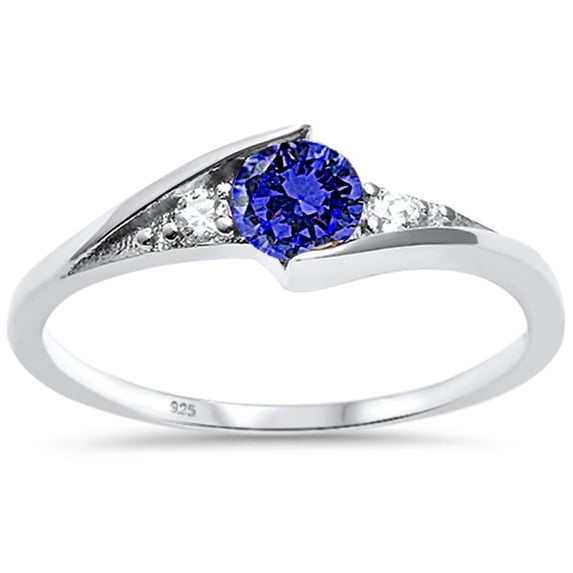 Synthetic Tanzanite CZ Three Stone Wavy Ring Sterling Silver Size 6
