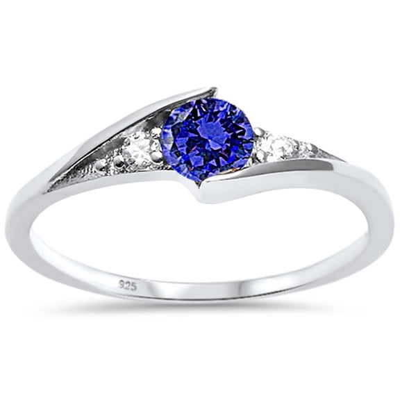 Synthetic Tanzanite CZ Three Stone Wavy Ring Sterling Silver Size 7
