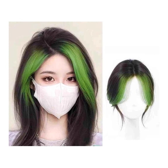 Synthetic Topper Hairpiece Highlighted Blue Pink Bangs Middle Part Straight Bangs