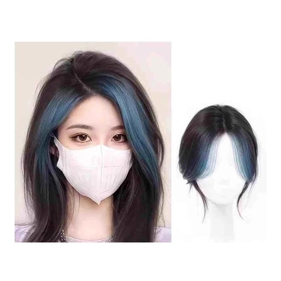 Synthetic Topper Hairpiece Highlighted Blue Pink Bangs Middle Part Straight Bangs