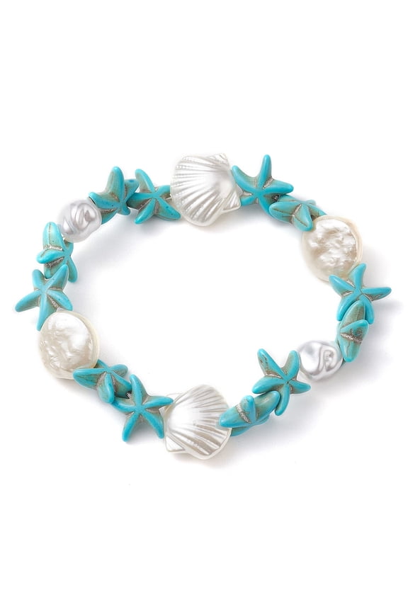Synthetic Turquoise & Plastic Imitation Pearl Beaded Stretch Bracelets Summer Beach Starfish & Shell Shape Bracelets for Women Men Inner Diameter: 2-1/4 inch(5.8cm)