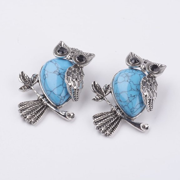 Synthetic Turquoise Pendants with Alloy Finding Owl Silver 46.5x35.5x11.5mm Hole: 6x8.5mm
