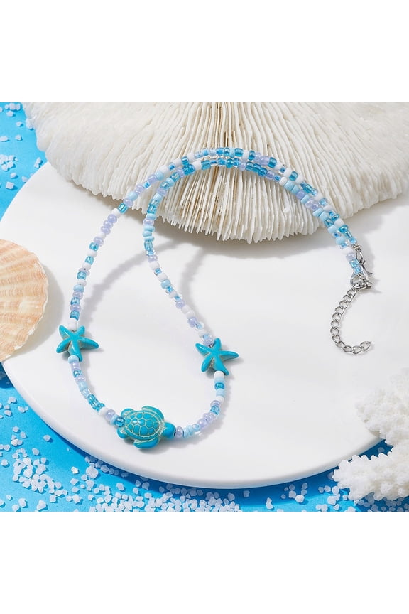 Synthetic Turquoise Starfish & Turtle & Seed Beaded Necklace for Women Deep Sky Blue 15.75 inch(40cm)