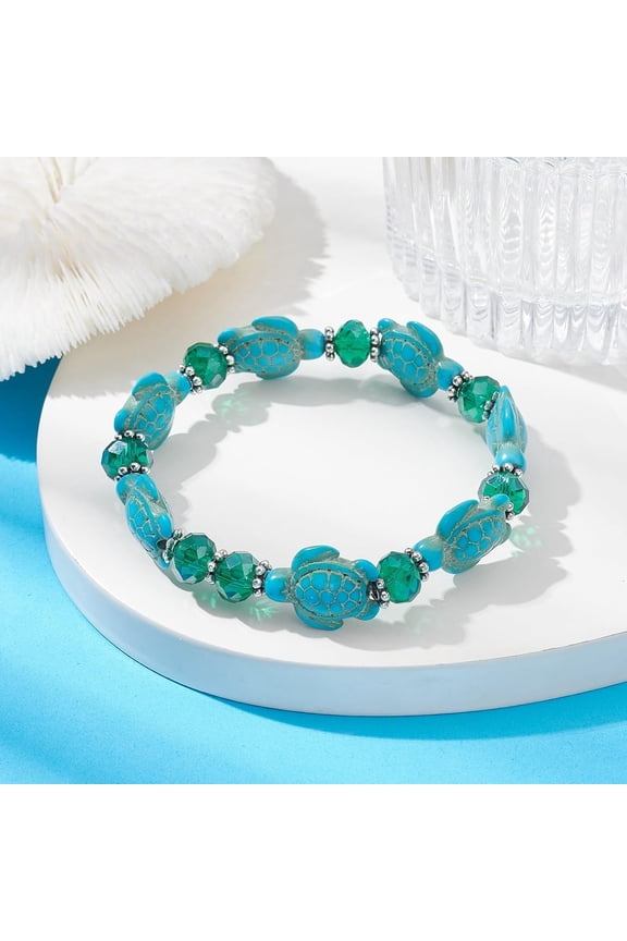 Synthetic Turquoise Turtle & Glass Beaded Stretch Bracelet Inner Diameter: 2-1/4 inch(5.7cm)