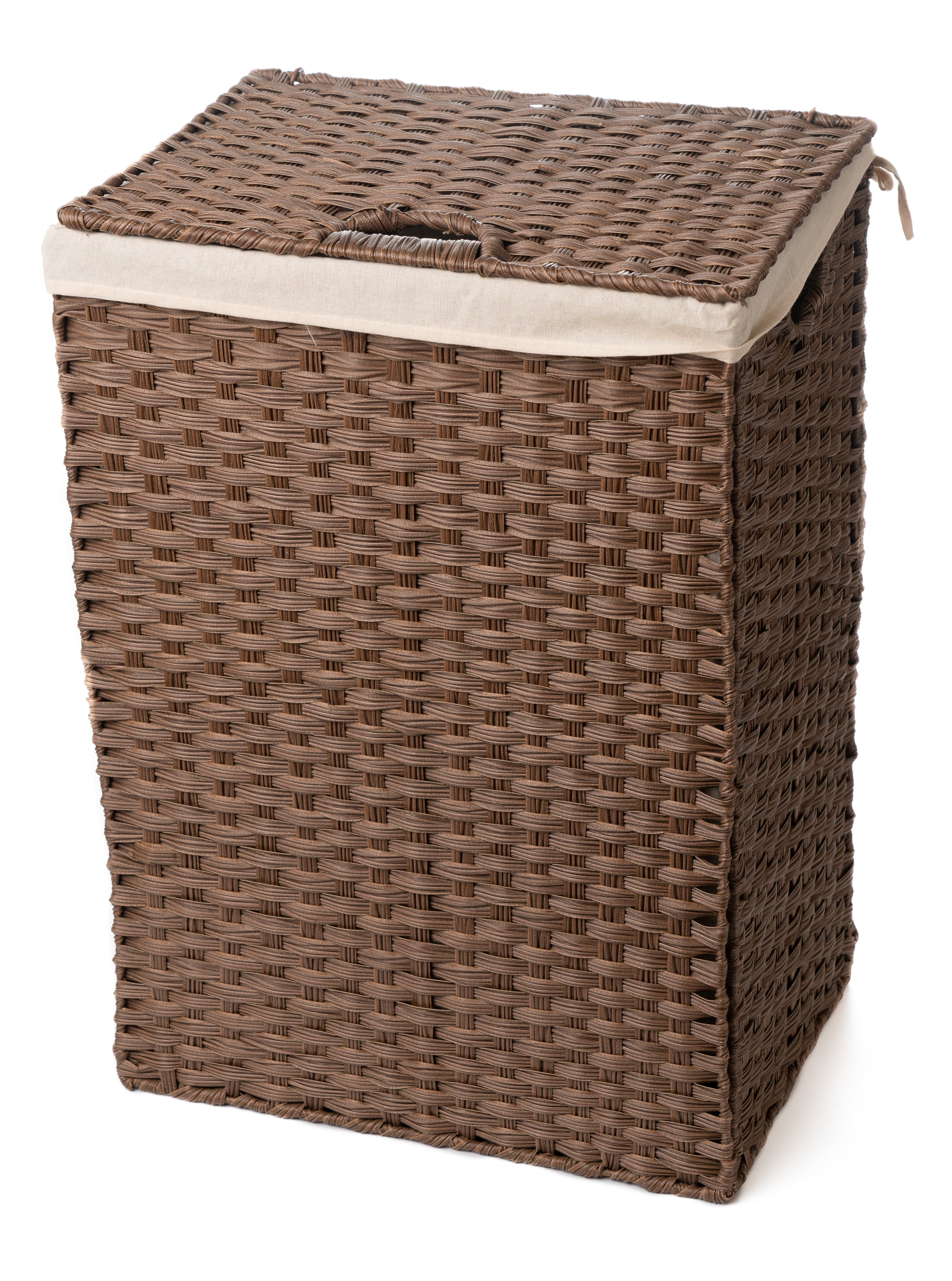 Brown Synthetic Wicker Upright Hamper with Lid and Liner