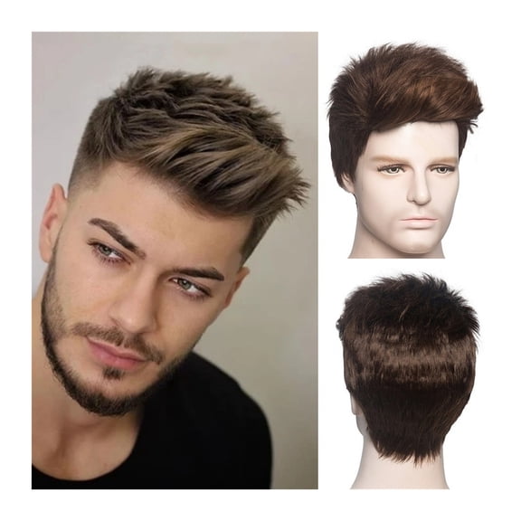 Synthetic Wig Short Wigs for Men Brown Straight Hair Men's Wig Natural Heat Resistant Fiber Pixie Cut Wigs Layered Wig for Daily Cosplay Costume Use