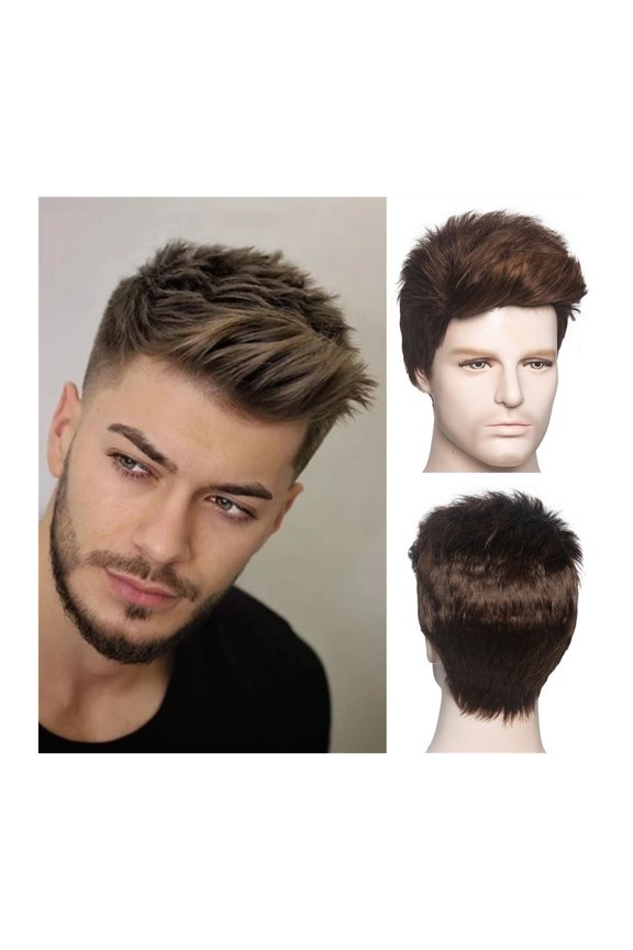 Synthetic Wig Short Wigs for Men Brown Straight Hair Men's Wig Natural Heat Resistant Fiber Pixie Cut Wigs Layered Wig for Daily Cosplay Costume Use