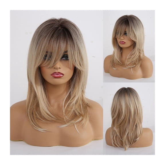 Synthetic Wigs for Wome Blonde Ombre Natural Hair Wigs with Bangs Layered Cosplay Wigs Medium Length Heat Resistant Wig