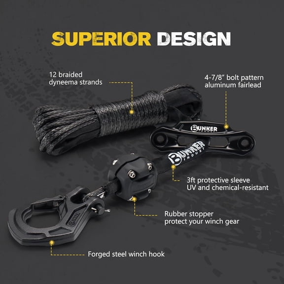Synthetic Winch Rope Kit, 3/16" x 50' 8200 LBS Winch Line Cable Replacement with Protective Sleeve+Winch Fairlead+ Stopper+Hook for 4WD Off Road Vehicle ATV UTV SUV(Black)