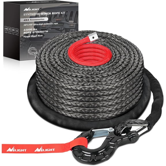 Synthetic Winch Rope Kit 3/8 Inch X 100' 25000 lbs with Red Jacket Rope Protective Sleeve Forged 35000lb Winch Hook Safety Strap Winch Cable Line for Off Road Vehicle Recovery Truck SUV, Black