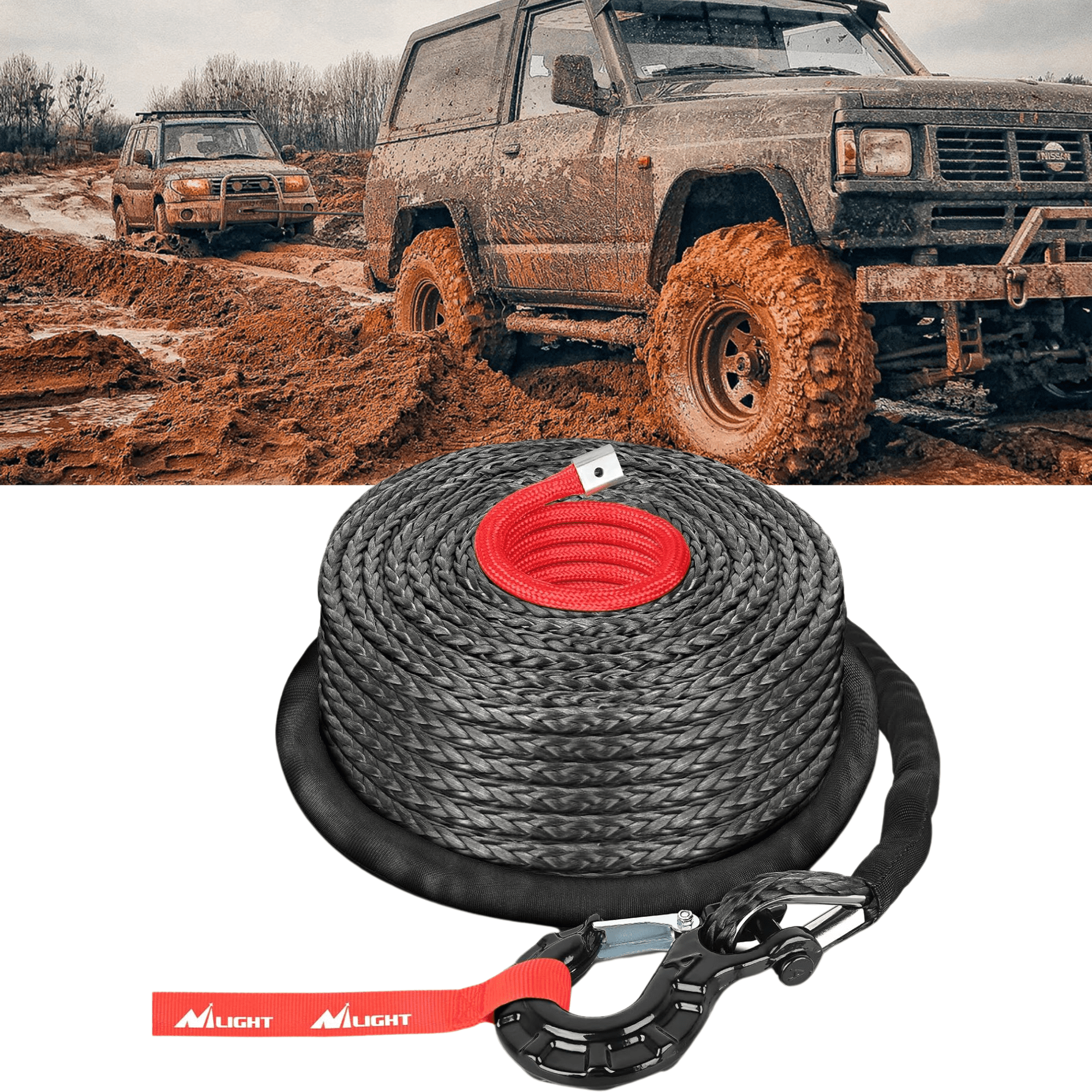 Synthetic Winch Rope Kit 3/8 Inch X 100' 25000 lbs with Red Jacket Rope Protective Sleeve Forged 35000lb Winch Hook Safety Strap Winch Cable Line for Off Road Vehicle Recovery Truck SUV, Black