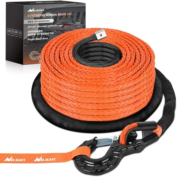 Synthetic Winch Rope Kit 3/8" X 92' 25000 lb with Black Jacket Rope Protective Sleeve Forged 35000lb Winch Hook Safety Strap Winch Cable Line for OffRoad Vehicle Recovery Truck SUV ATV, Orange