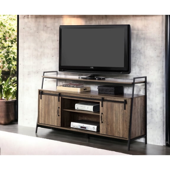Synthetic Wood TV Stand with Sliding Barn Doors / Ample Storage in Living Rooms