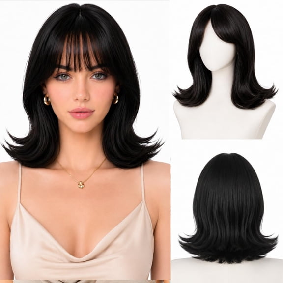Synthetic short layered bob wig with bangs, realistic scalp | Soft outward-curling ends, free parting, layered style, heat-resistant fibers, natural scalp, breathable and comfortable, versatile styli