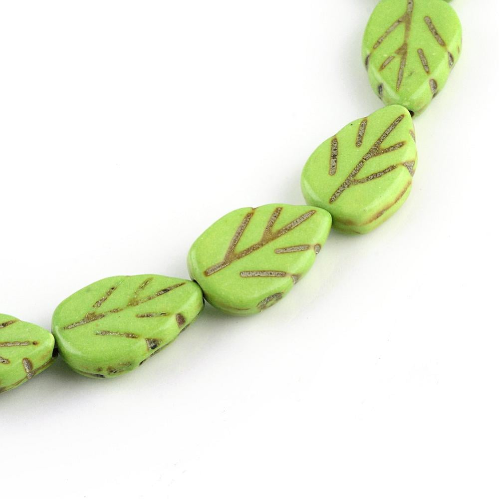 Synthetical Turquoise Beads Strands Dyed Leaf Lime Green 13x9x3.5mm Hole: 1mm 28~29pcs/strand 14.57~14.96 inch(37~38cm)