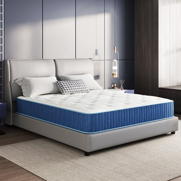 Arctus King Size 10 inch Hybrid Firm Memory Foam Mattress in a Box with Reinforced Edge, Pocketed Springs, Pressure Relief, Blue and White