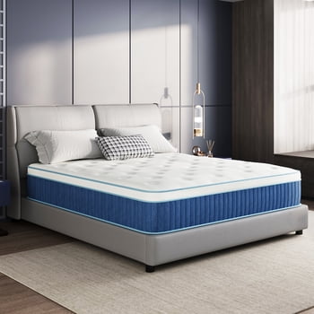 Arctus Queen Size 12 inch Hybrid Firm Memory Foam Mattress in a Box with Reinforced Edge, Pocketed Springs, Pressure Relief, Blue and White