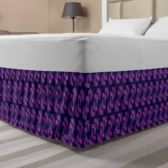 Synthwave Bed Skirt, Purple Toned Gradient with Futuristic Cubic Geometric Forms, Elastic Bedskirt Dust Ruffle Wrap Around for Bedding Decor, 4 Sizes, Indigo Fuchsia and Royal Blue, by Ambesonne