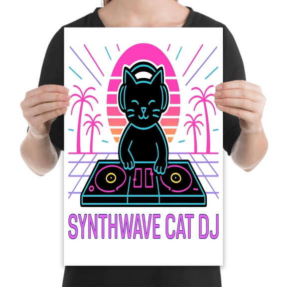 Synthwave Cat Vibes, 13x19 poster for gaming rooms and retro neon music-themed dorm decor