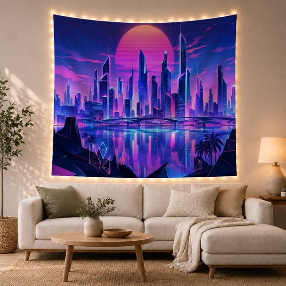 Synthwave Cityscape with Neon Skyscrapers, Moody Retro for Gamers, Futuristic Retro-Futuristic Art Decor, Housewarming Gift Tapestry Wall Hanging for Gaming Room and Dorm