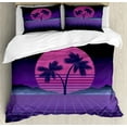 thumbnail image 1 of Synthwave Duvet Cover Set, Retro Art Design of Striped Pinkish Moon Exotic Palms and Mountains, Decorative 3 Piece Bedding Set with 2 Pillow Shams, Calking Size, Indigo Purple Pink, by Ambesonne, 1 of 2