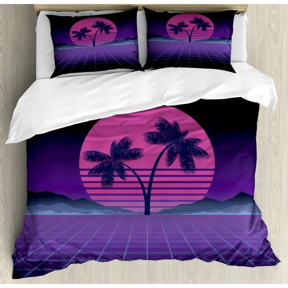 Synthwave Duvet Cover Set, Retro Art Design of Striped Pinkish Moon Exotic Palms and Mountains, Decorative 3 Piece Bedding Set with 2 Pillow Shams, Queen Size, Indigo Purple Pink, by Ambesonne