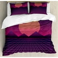 thumbnail image 1 of Synthwave Duvet Cover Set, Striped Sun with Triangular Mountains Retro Checkered Ground Art, Decorative 3 Piece Bedding Set with 2 Pillow Shams, Queen Size, Plum Magenta Apricot, by Ambesonne, 1 of 3