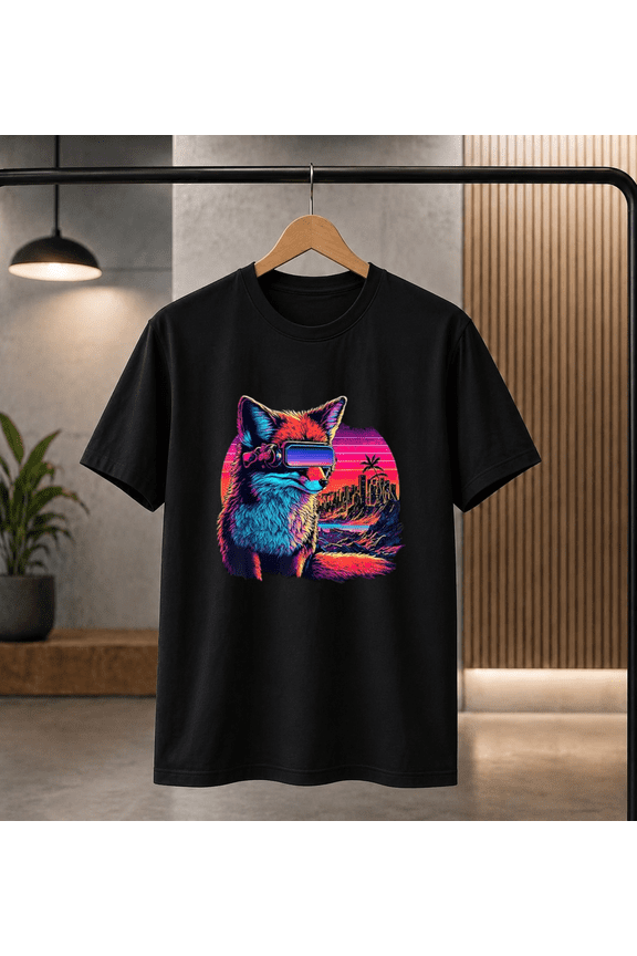 Synthwave Fox with Neon Sunset and Retro Futuristic Vibes Cyberpunk Unisex T-shirt, S-5XL