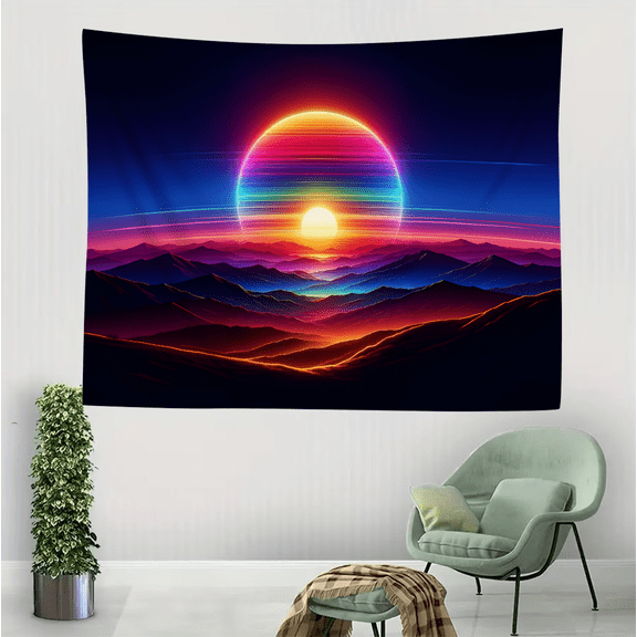 Synthwave Landscape Tapestry - Retro Futurism Neon Sun & Mountains Wall Art - 80s Aesthetic Vaporwave Decor for Bedroom & Game Room