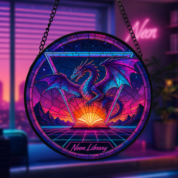Synthwave Library Dragon Stained Glass Suncatcher Window Hanging Gift