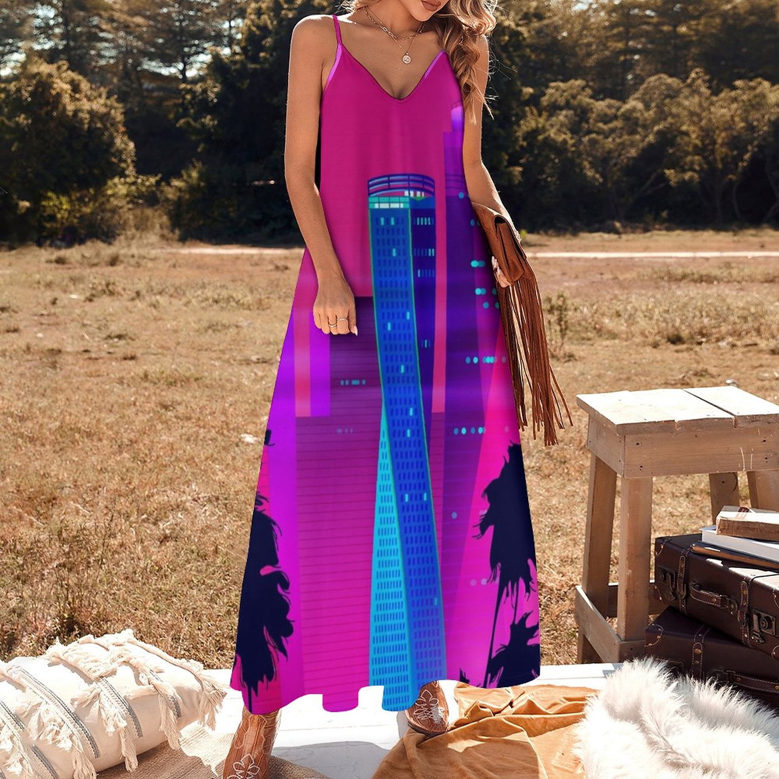 Synthwave Neon City: Miami Vice Sleeveless Dress evening dress woman party  dress women elegant luxury - Walmart.com