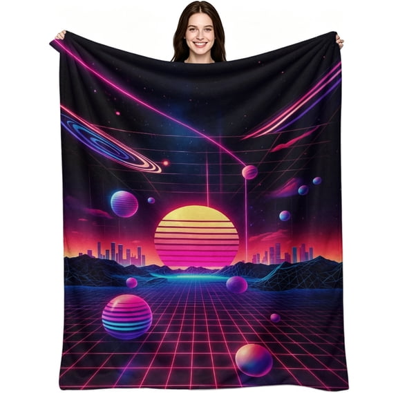 Synthwave Retro 80s Neon Space Sunset, Soft Warm Flannel Fleece, Aesthetic Retro Neon, Throw Blanket, Cozy Warm, Home Decor, Couch Bed Home, Fantasy Lovers Gift