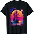 thumbnail image 1 of Synthwave Retrowave Pirate Ship Colorful Graphic T-Shirt, 1 of 6