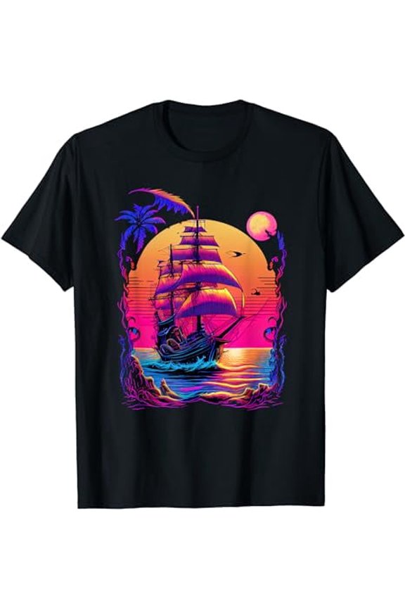 Synthwave Retrowave Pirate Ship Colorful Graphic T-Shirt