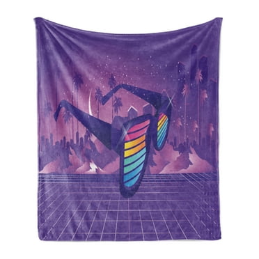 Synthwave Soft Flannel Fleece Blanket, Rainbow Striped Retro Sunglasses on Big City with Tropical Palm Trees, Cozy Plush for Indoor and Outdoor Use, 60" x 80", Quartz and Multicolor, by Ambesonne